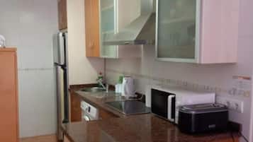 Apartamento | Cocina privada | Frigorífico, microondas, horno y placa de cocina