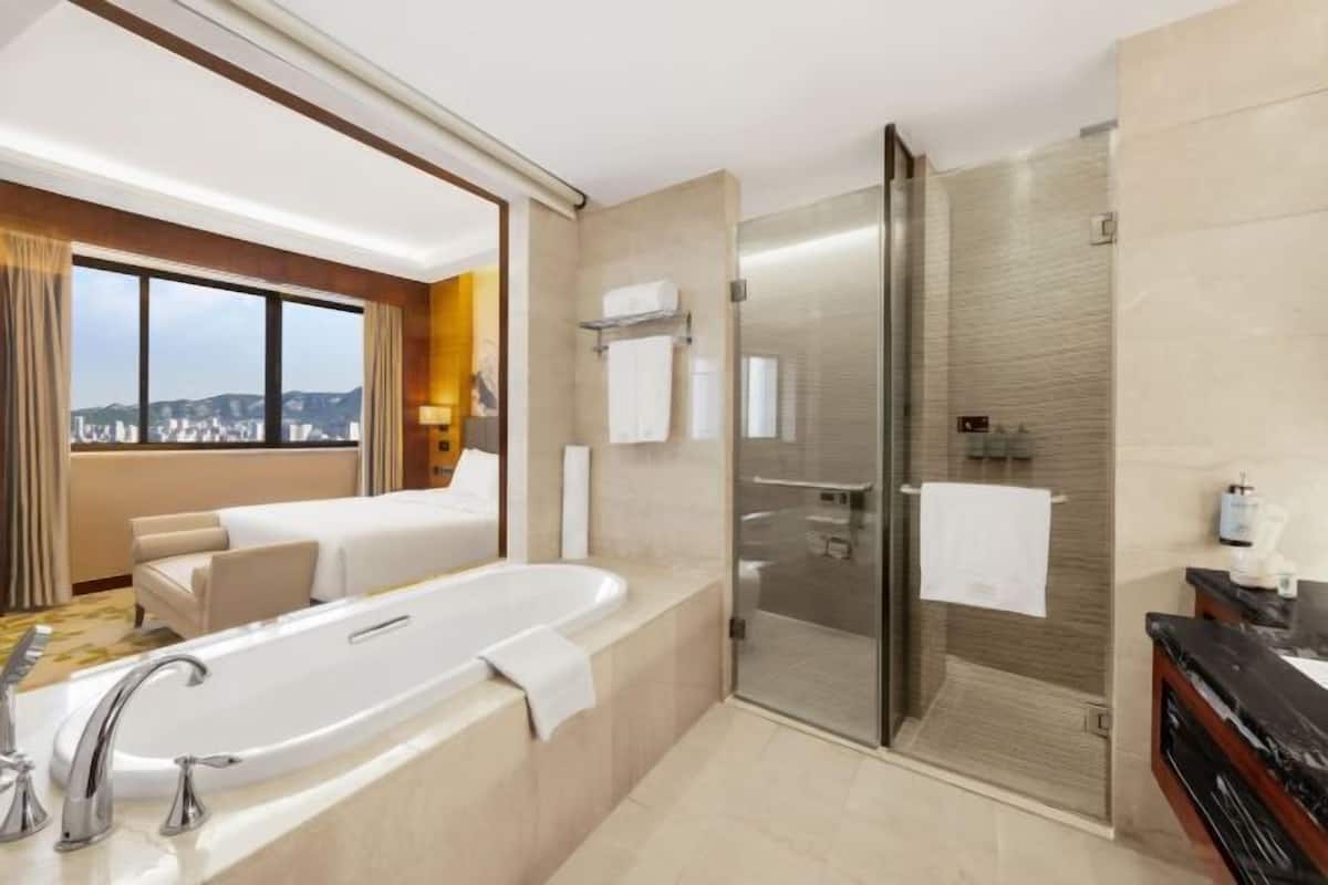 Ein modernes Hotelbad mit einer großzügigen Badewanne, einer Duschkabine und Blick auf die Stadt.