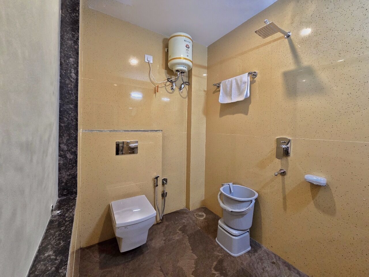 A bathroom with a toilet, bidet, and a shower.