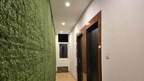 A hallway with a green wall, a tiled floor, and two wooden doors. - Aghor Guest House (Dharamshala)
