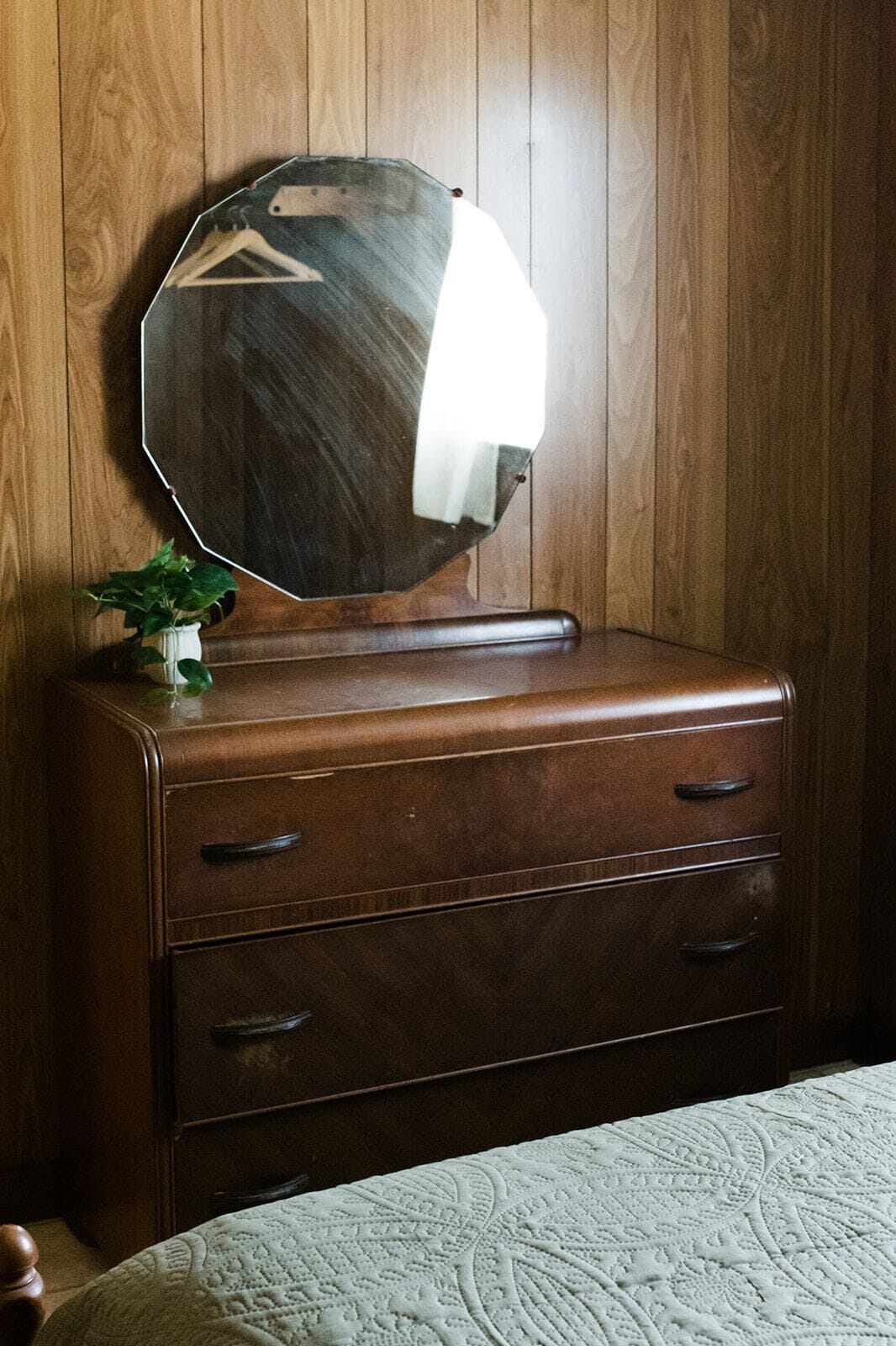 Une commode en bois avec un miroir et une petite plante.
