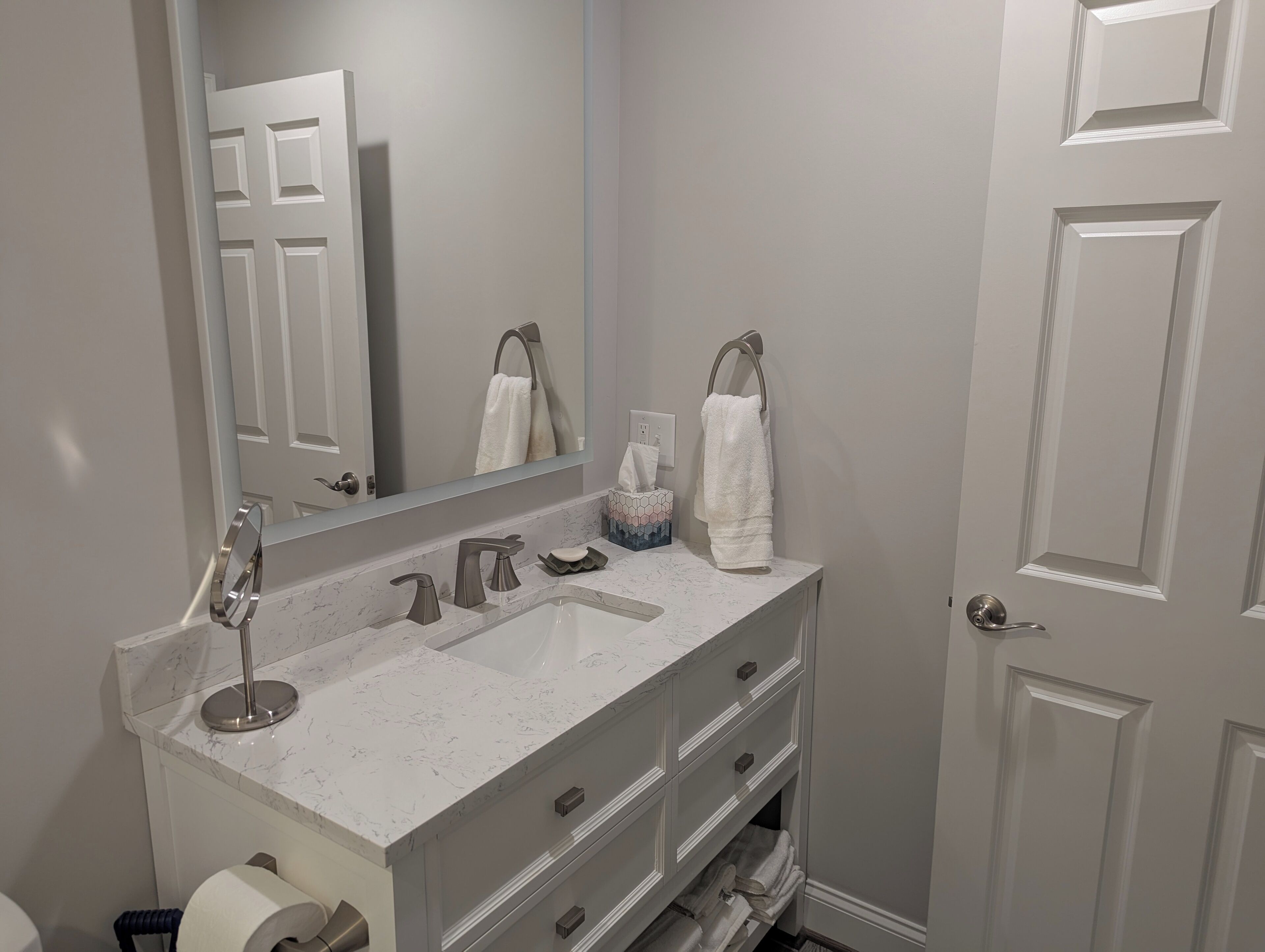 Shower, towels, soap, toilet paper