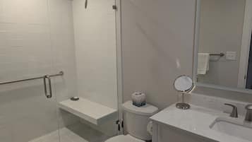 Shower, towels, soap, toilet paper