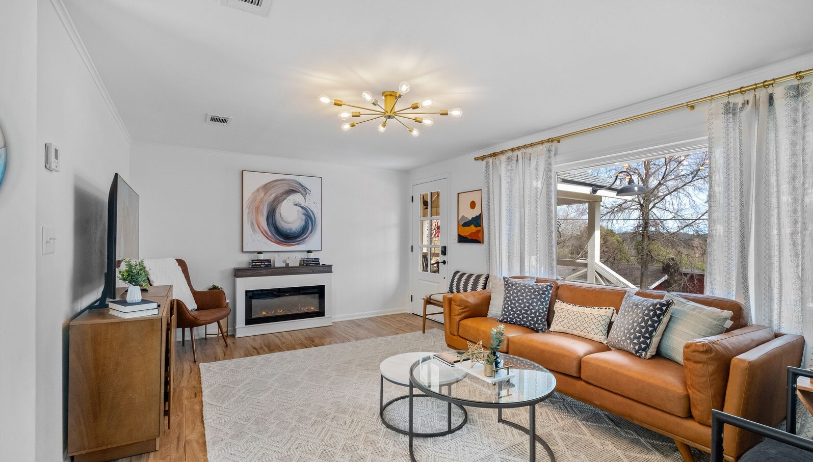 Smart TV, fireplace, books