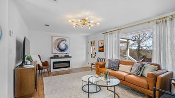 Smart TV, fireplace, books