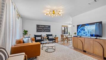 Smart TV, fireplace, books