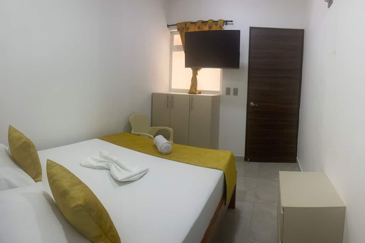 A hotel room with a bed, a chair, a wardrobe, a television, and a door.