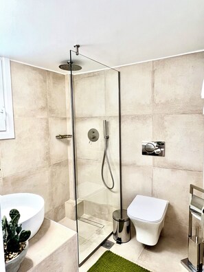 Douche, sèche-cheveux, serviettes fournies, savon