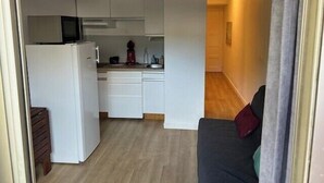 Ein kompakter Wohnraum mit Küchenzeile, einer Couch und einem Deckenventilator.