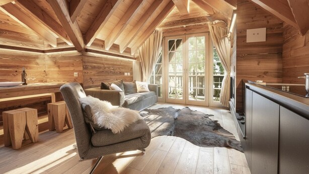 Ein Holzblockhaus-Innenraum mit einer Couch, einem Fellüberwurf, einer hölzernen Bank und einem großen Fenster.