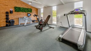 Un gimnasio con cinta de correr, bicicleta estática y pesas. Hay un ventanal y una pared verde.