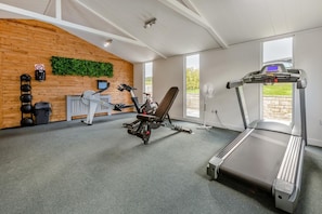 A gym with a treadmill, stationary bike, and weights. There is a large window and a green wall. - 3 Bed in Broadwoodwidger (oc-s31783) (Broadwoodwidger)
