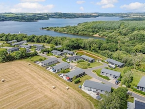 Un quartier résidentiel avec des maisons modernes, un grand espace vert et un lac en arrière-plan.
