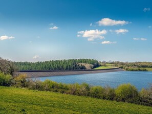 A large dam with a reservoir, surrounded by green fields and trees under a clear sky. - 3 Bed in Broadwoodwidger (oc-s31783) (Broadwoodwidger)