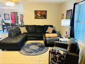 Smart TV, fireplace, books