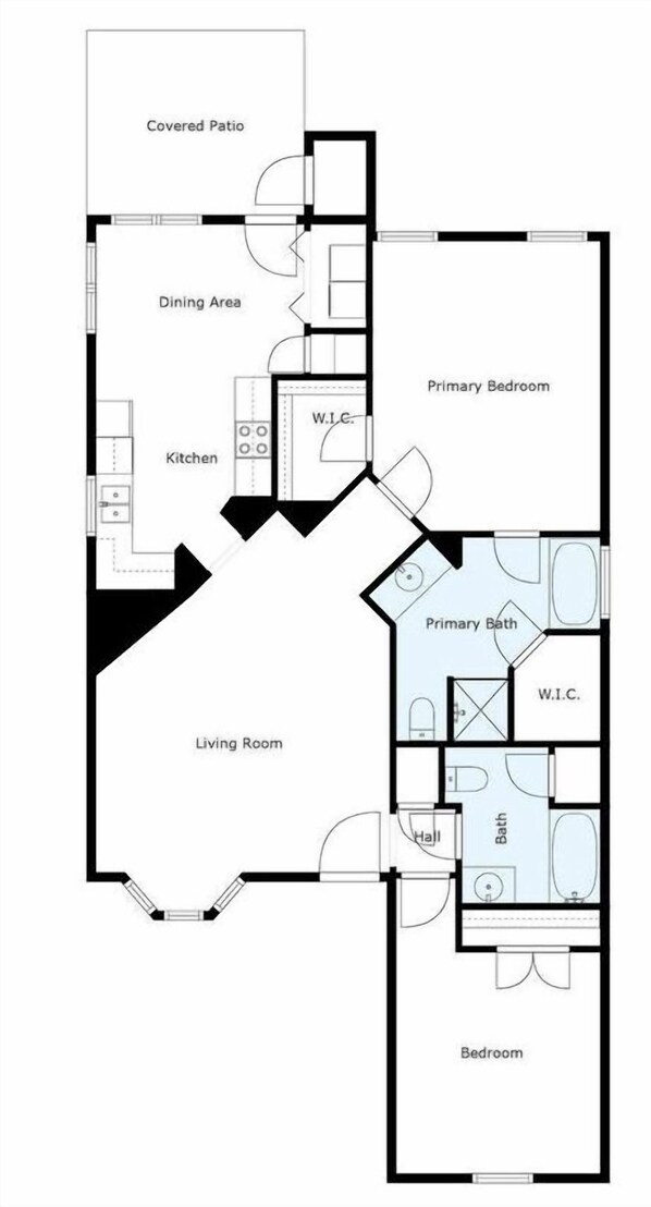 Ein Grundriss eines Hotelzimmers mit einer überdachten Terrasse, Essbereich, Küche, Wohnzimmer, Hauptschlafzimmer, Badezimmer, WC und einem weiteren Badezimmer.