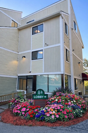 A multi-story building with a green sign indicating a lobby.