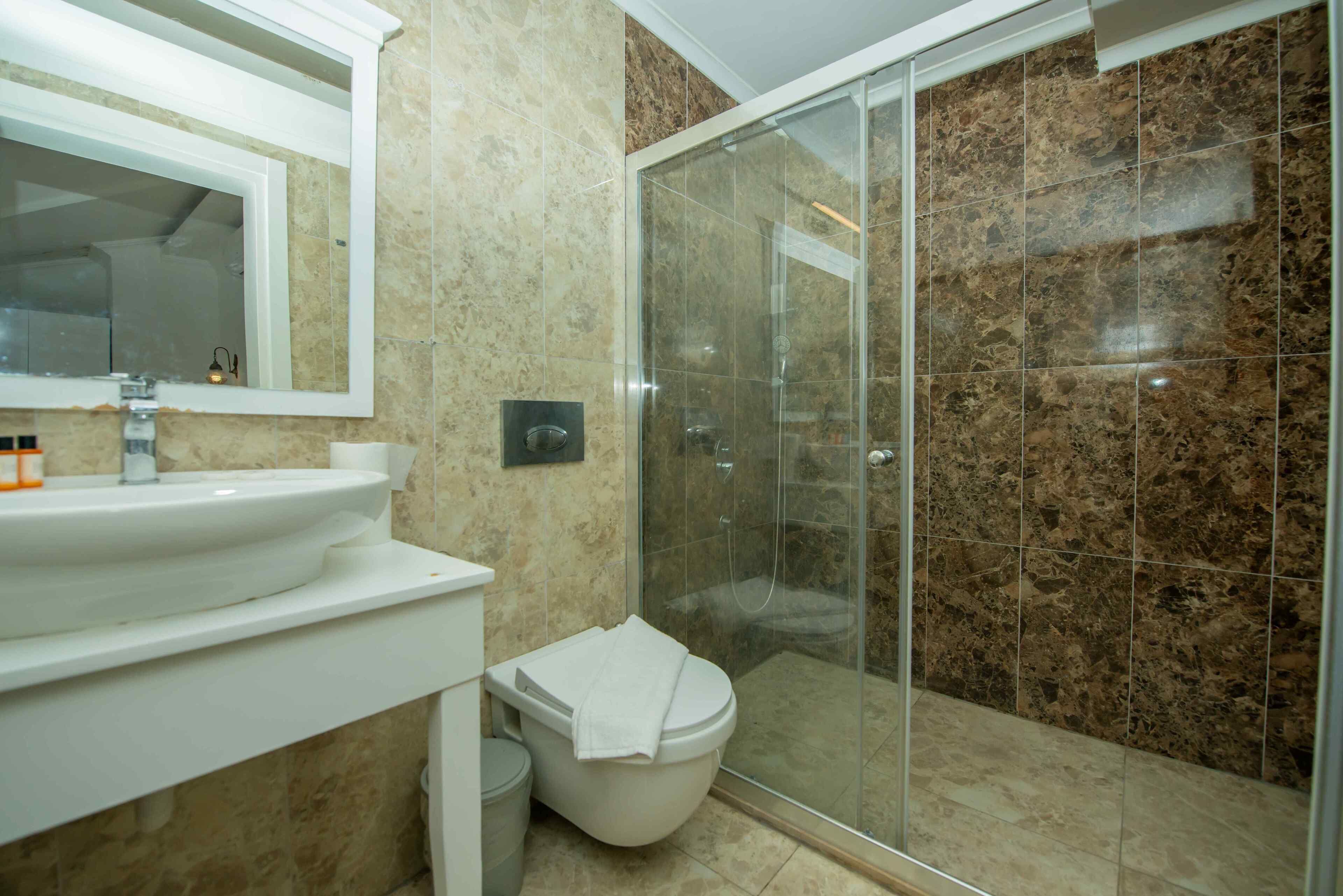 Een badkamer met een wastafel, spiegel, toilet en een douchecabine.
