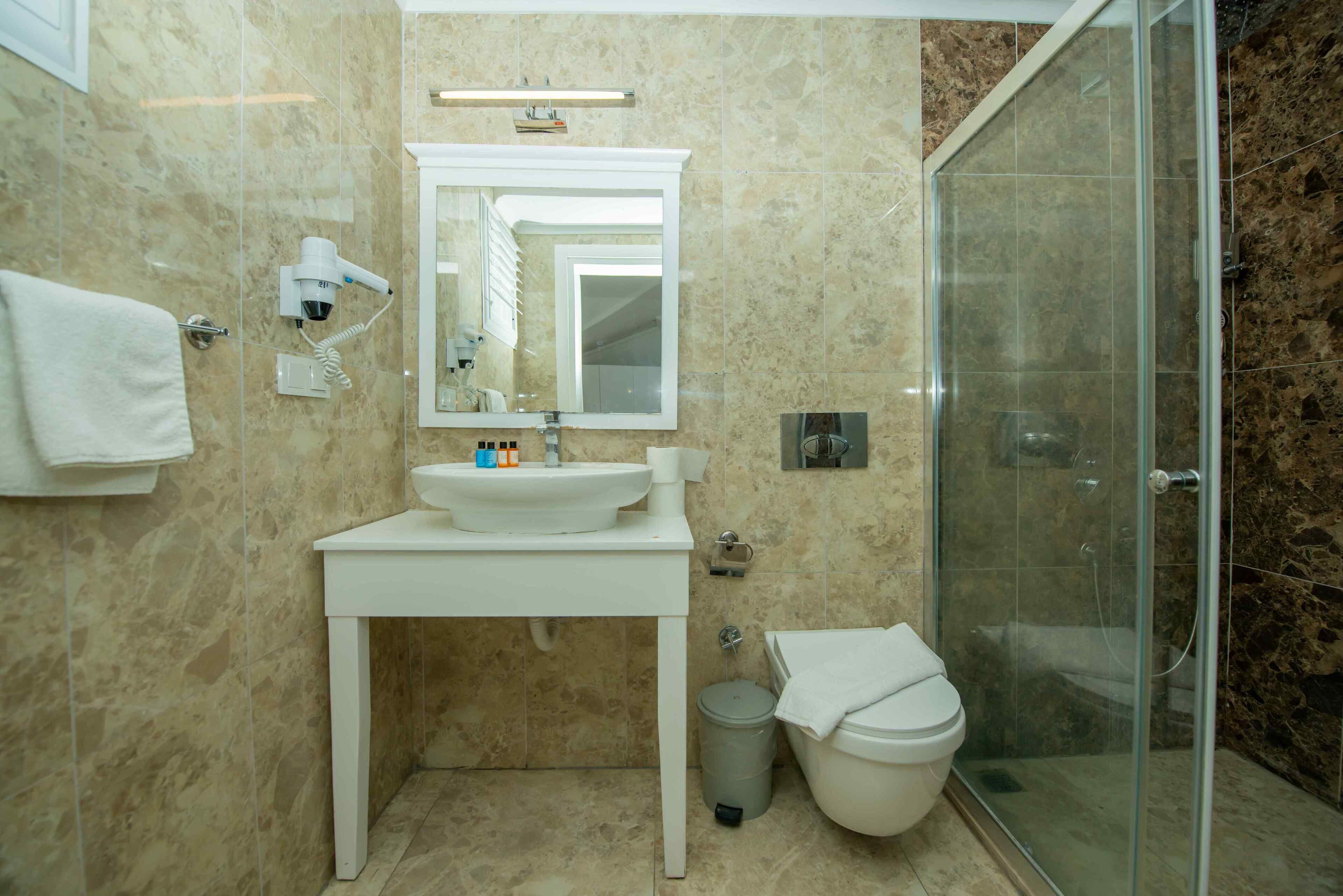 A bathroom with a sink, mirror, and toilet.