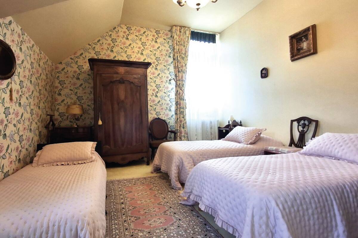 A bedroom with two beds, floral wallpaper, a wooden wardrobe, a nightstand, and a small rug.