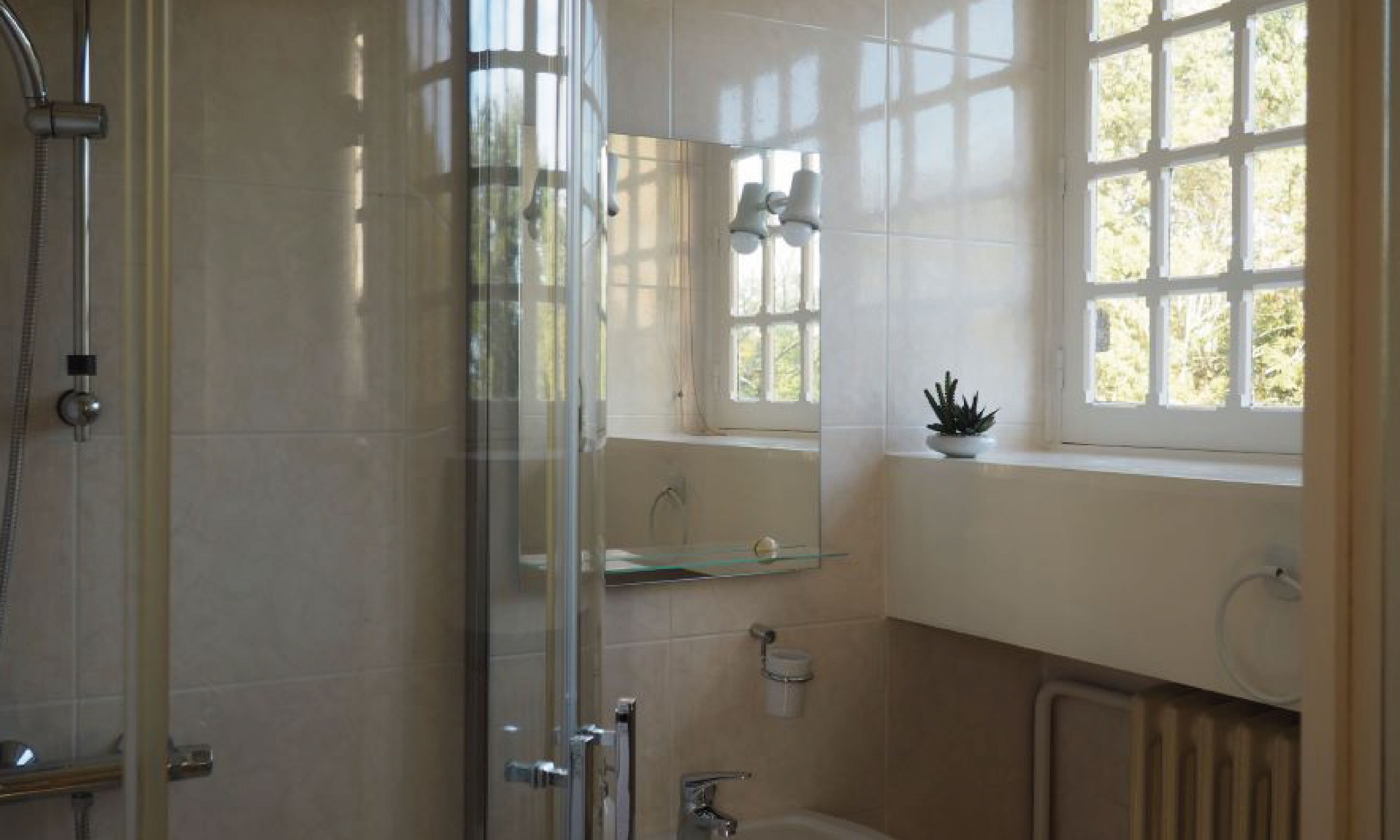 A bathroom with a glass shower enclosure, a bathtub, a sink with a mirror above it, and a window with a view of trees.