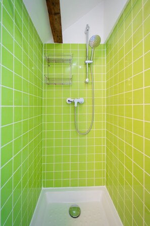 Shower, hair dryer, towels, shampoo