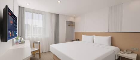 A hotel room with a large bed, a bedside table with a phone, a chair, a desk with a TV, and a window with curtains.