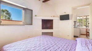 Une chambre à coucher avec un grand lit, une cheminée, un téléviseur fixé au-dessus, et une fenêtre donnant sur l’extérieur.
