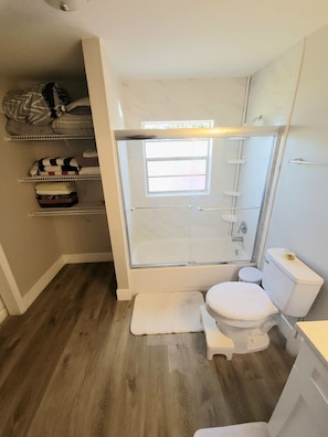 Hair dryer, towels, soap, toilet paper