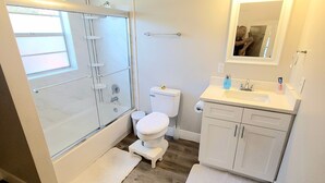A bathroom with a glass shower enclosure, a toilet, a sink, and a mirror. - Charming 1 bed suite with AC and WiFi in Lakeland (Lakeland)