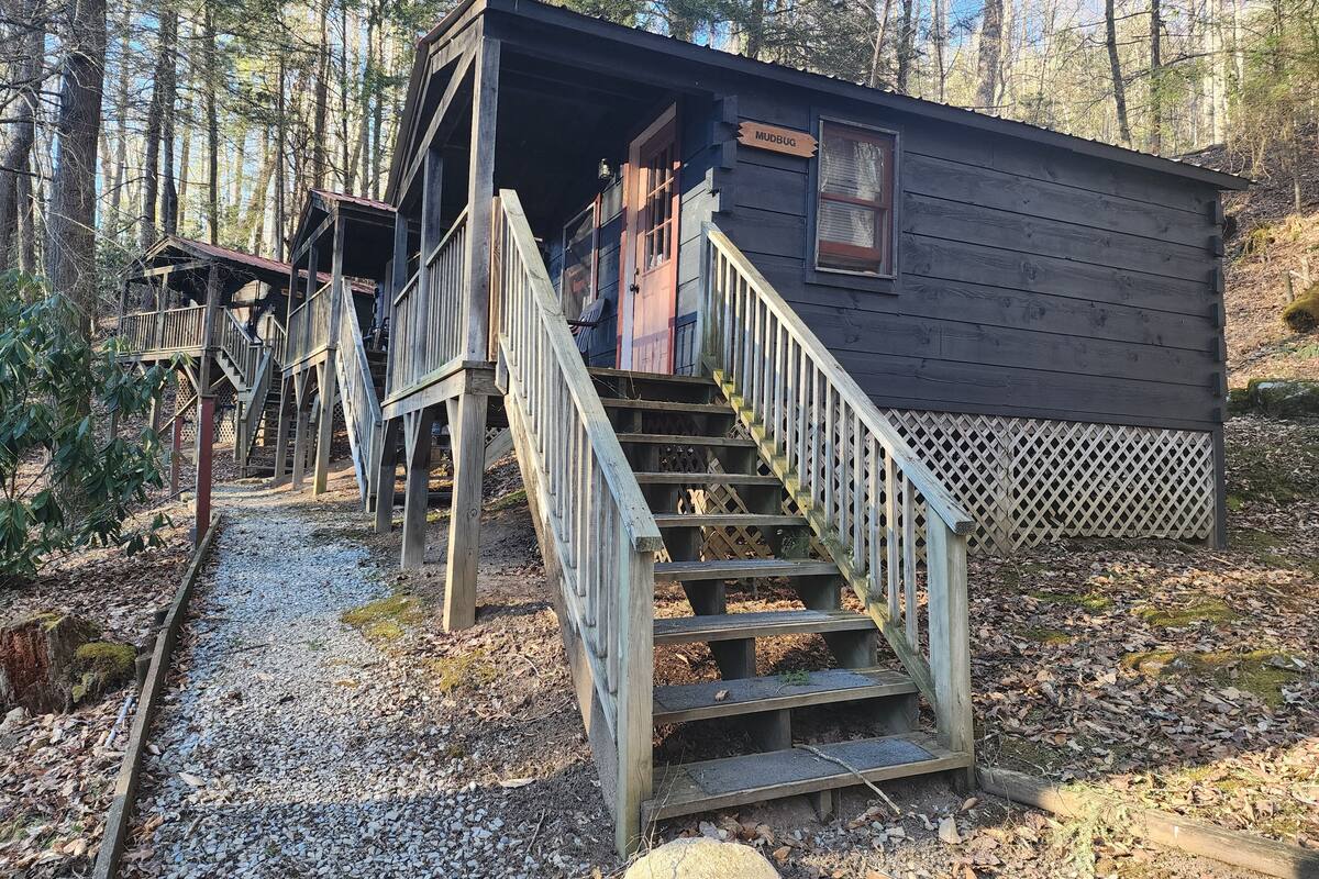 A rustic cabin with wooden stairs leading to a door, surrounded by a forest.