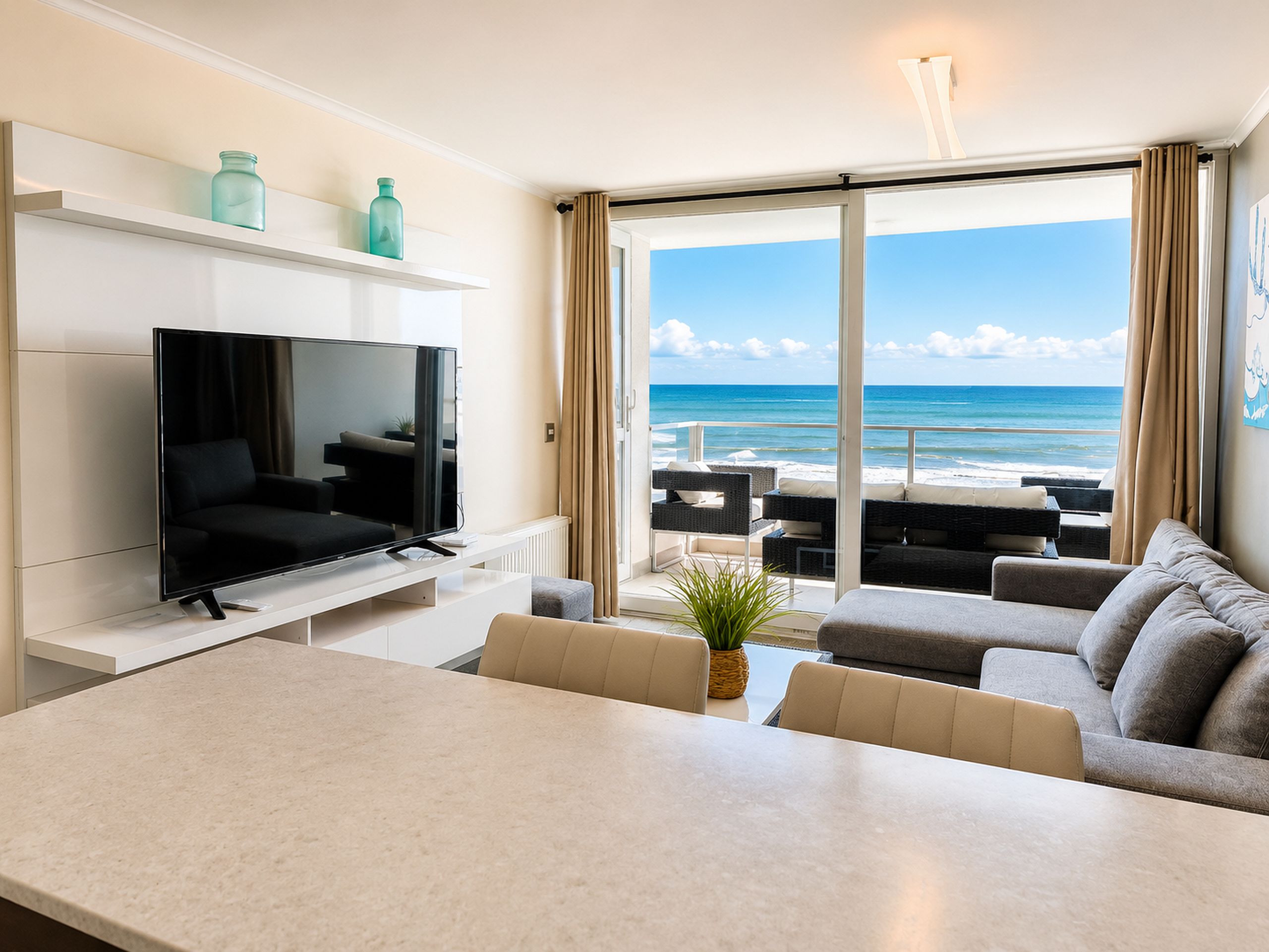 Una sala de estar moderna con una televisión de pantalla plana, una mesa de comedor y un sofá frente a un ventanal con vista al océano.