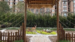 A garden pathway with a wooden fence, a deer sculpture, and a backdrop of residential buildings. - Zhengzhou Aimu International Hotel (Zhengzhou)