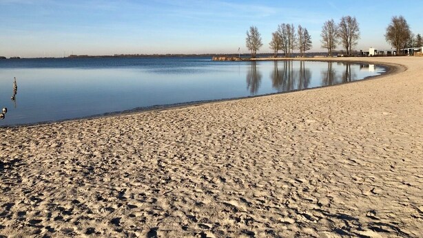 Een zandstrand met rustig water, bomen en een heldere lucht.