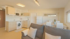 A compact living space with a kitchenette, a washing machine, a dining area, and a sofa with cushions.