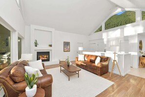 TV, fireplace, books