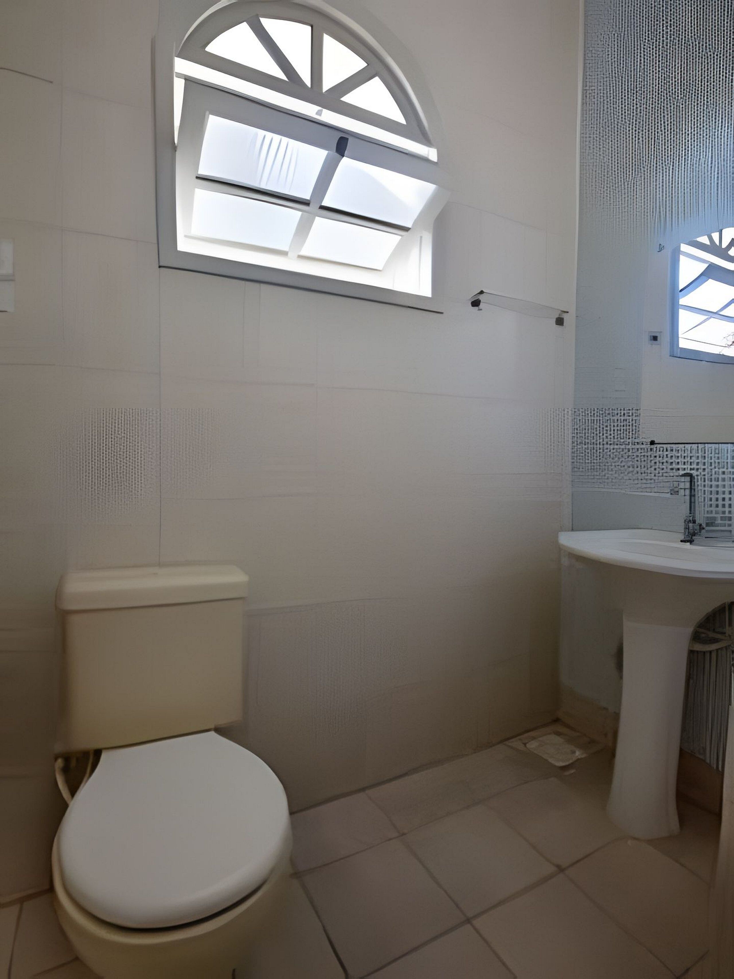A bathroom with a toilet, a sink, and a window with a white frame.