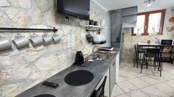 Fridge, microwave, stovetop, coffee/tea maker