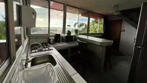 A compact kitchen with a sink, stove, and a window overlooking greenery.