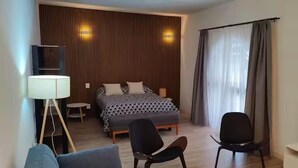 A hotel room with a bed, two chairs, a TV, a lamp, and a window with curtains. - Berni Rentals Ciudad Vieja (Montevideo)