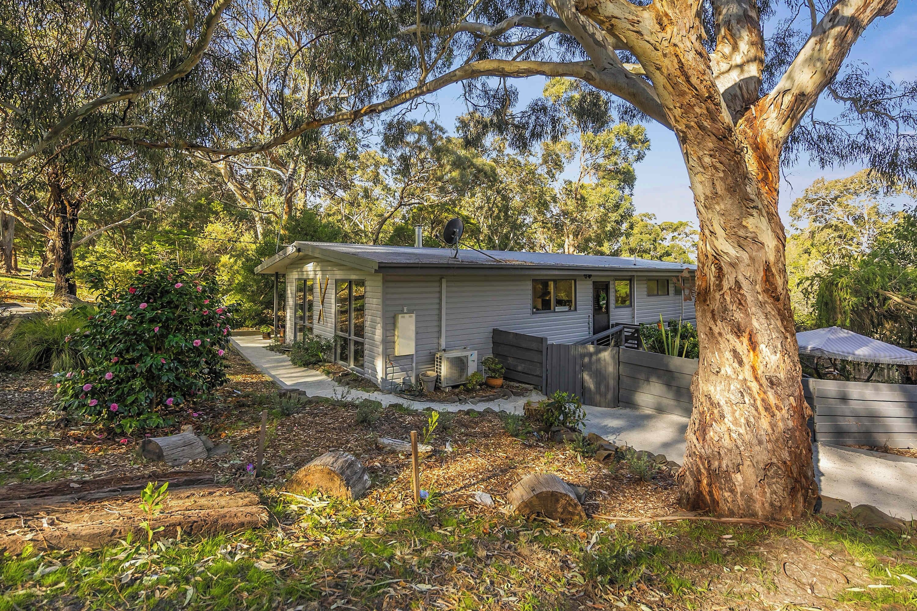 A small house with a sloped roof, surrounded by trees and a garden with flowering plants.