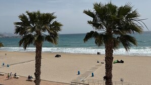 Une plage bordée de palmiers, une étendue de sable et une vue sur l’océan.