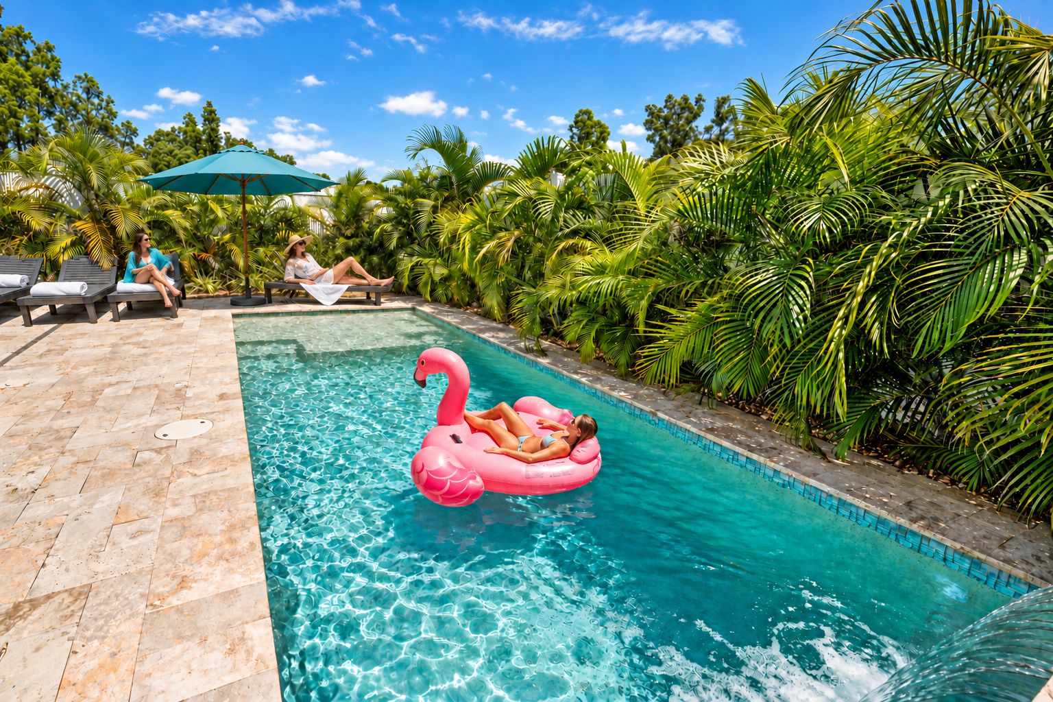 Ein Swimmingpool mit einem rosa Flamingo-Schwimmtiere, Liegestühlen und Palmen.