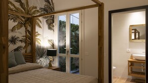 Une chambre à coucher avec un lit, une table de chevet, une lampe et une fenêtre donnant sur un paysage verdoyant.