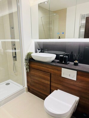 Hair dryer, towels, soap, shampoo