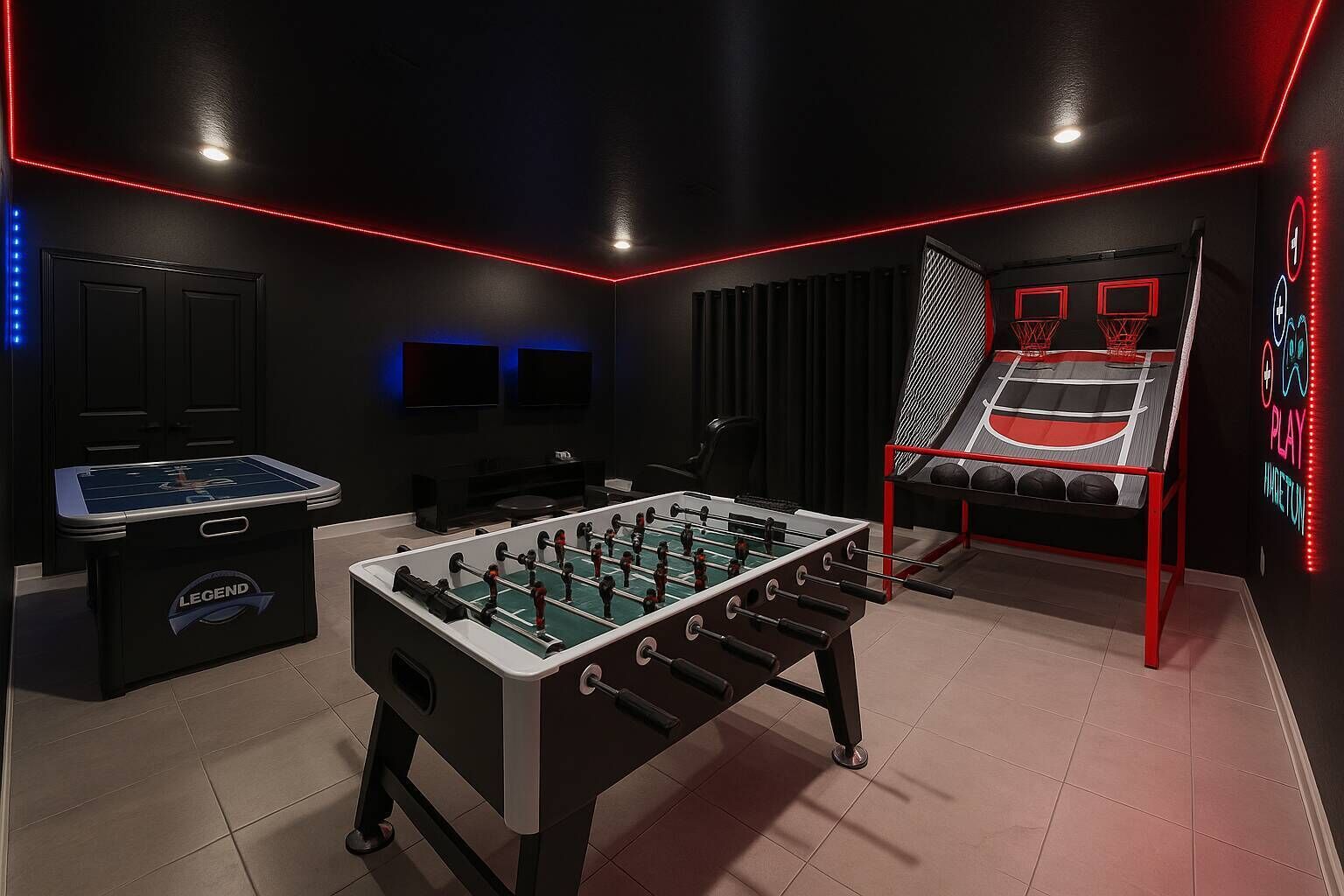A room with a foosball table, a foosball table with a 'Legend' logo, a basketball court, and a neon sign that says 'PLAY'.