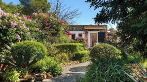A garden with a stone building, a gravel path, and various plants. - New! Villa Can Guillem Patri (Ibiza)