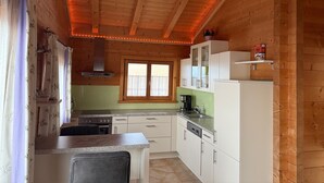 Cocina de cabaña de madera con ventana, estufa y refrigerador.