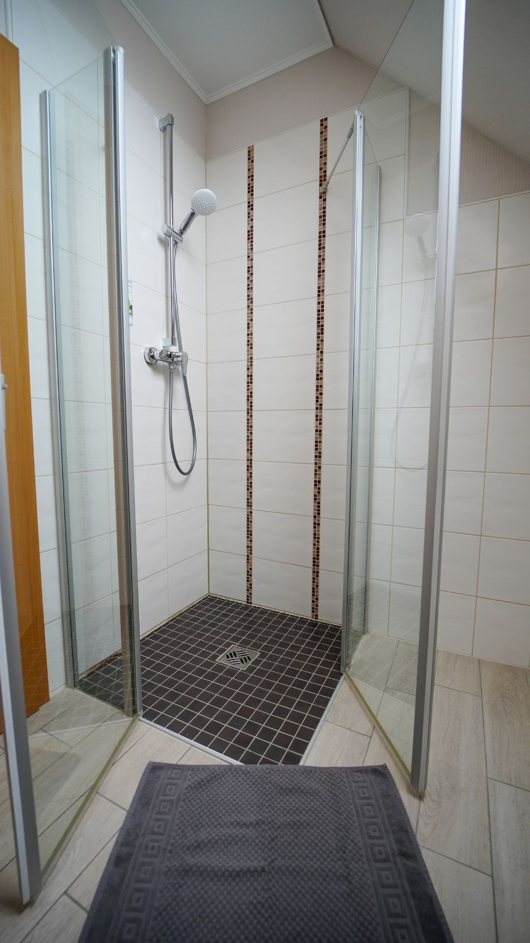 Shower, free toiletries, towels, soap