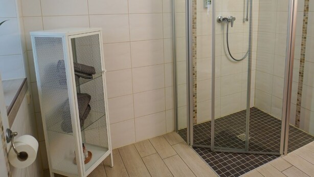 A bathroom with a toilet, a shower enclosure, and a metal cabinet. - Gemeinschaftshof Mahlwinkel (Angern)